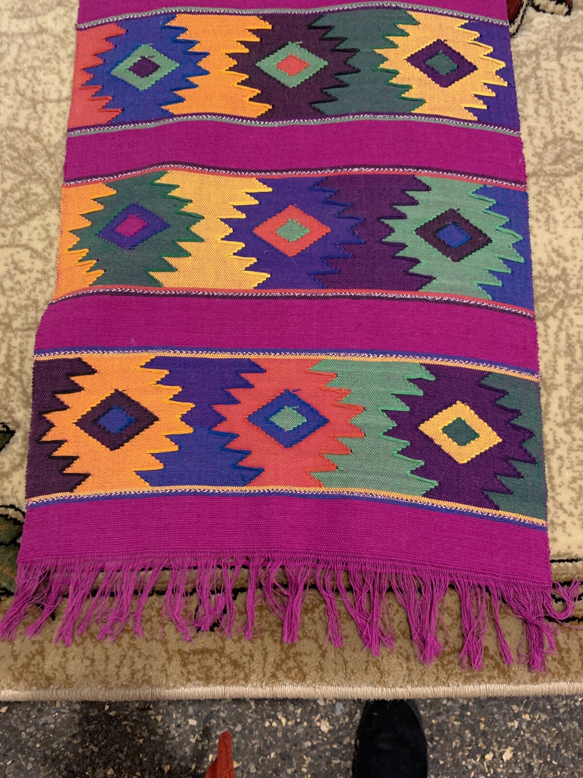 Vtg Fuchsia +8 Geometric Hand Loomed Table Runner~Cotton~Fringe~Southwest~58”