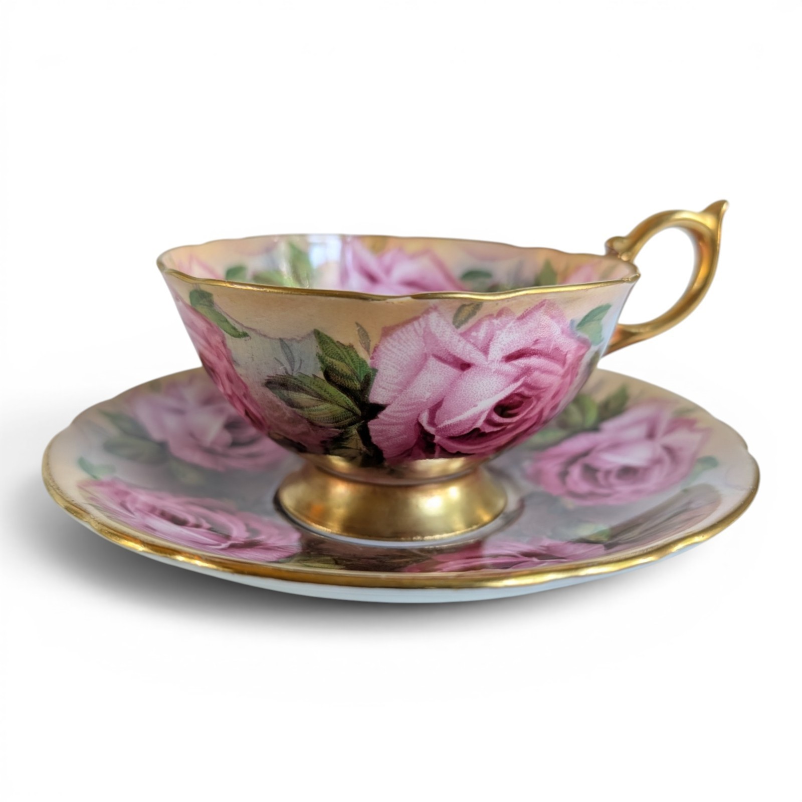 Aynsley England - 13 Pink Cabbage Roses - 1026 Bone China Teacup & Saucer (READ)