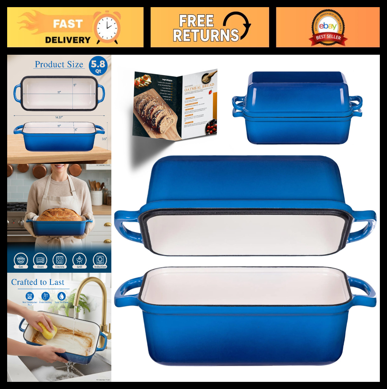 11x5 Inch Cast Iron Loaf Pan with Lid - Perfect for Sourdough & Meatloaf Baking