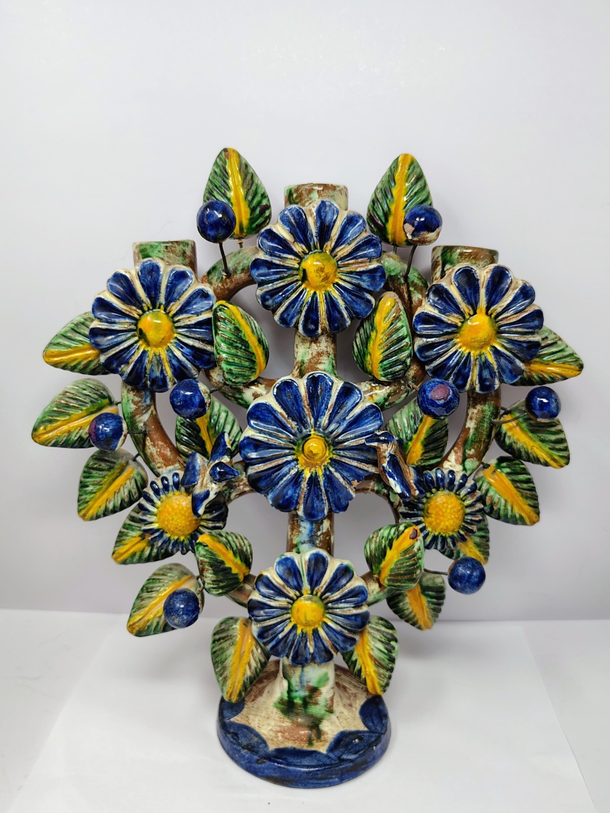Mexican Folk Art Tree of Life Candelabra Metepec Pottery Birds Daisy 11