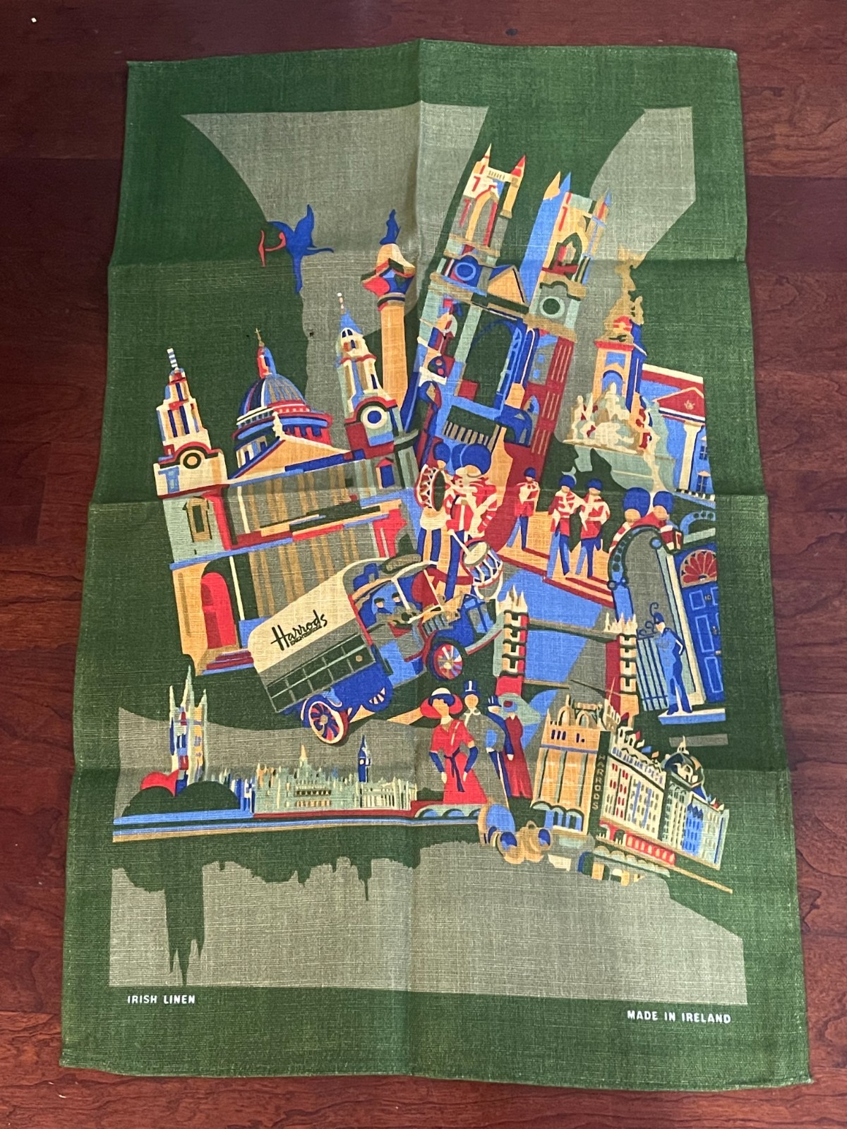 Vintage Harrods London Tea Towel 100% Irish Linen Made Ireland Landmarks