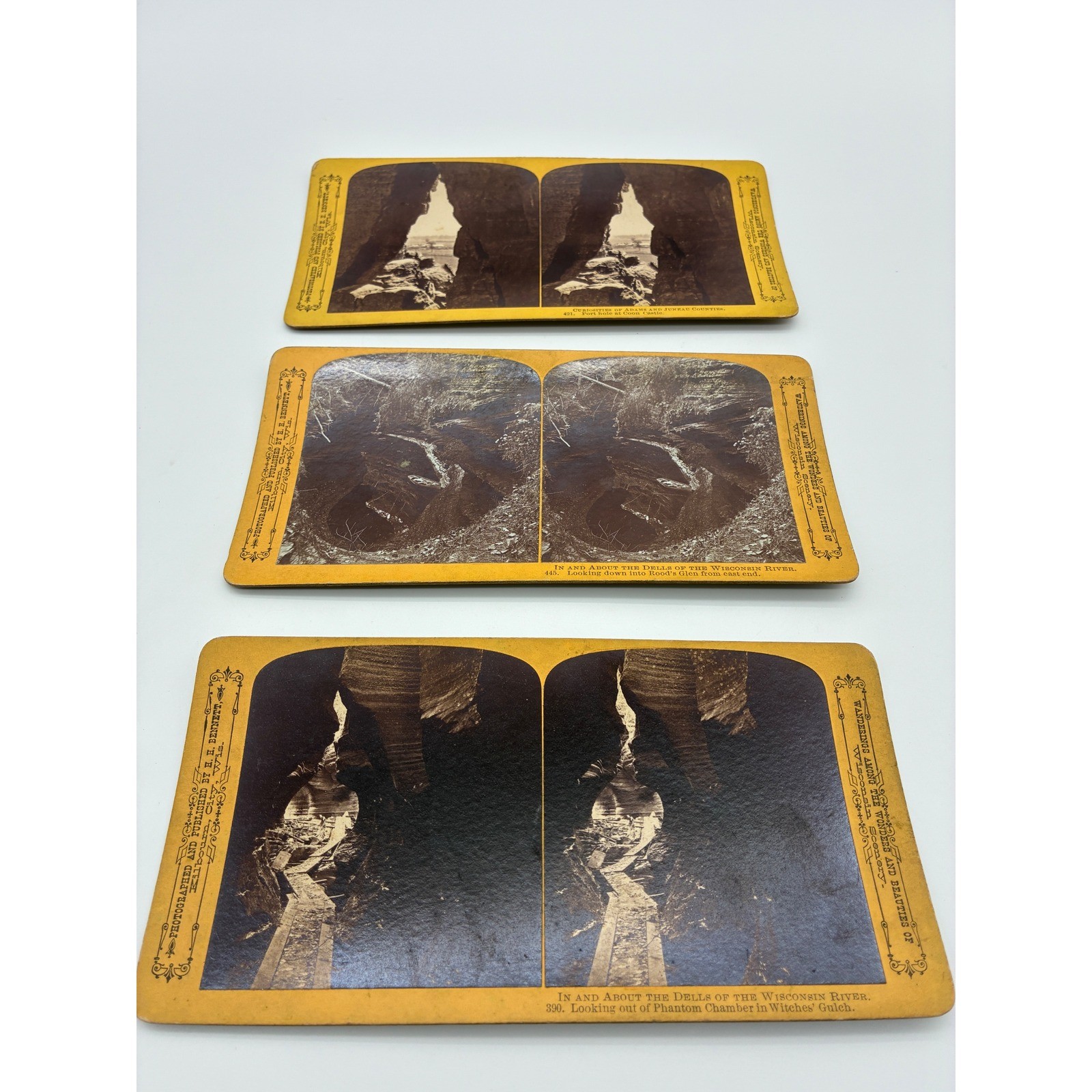 3 Antique H. H. Bennett Stereoview Cards Wisconsin Dells Witches Gulch & More