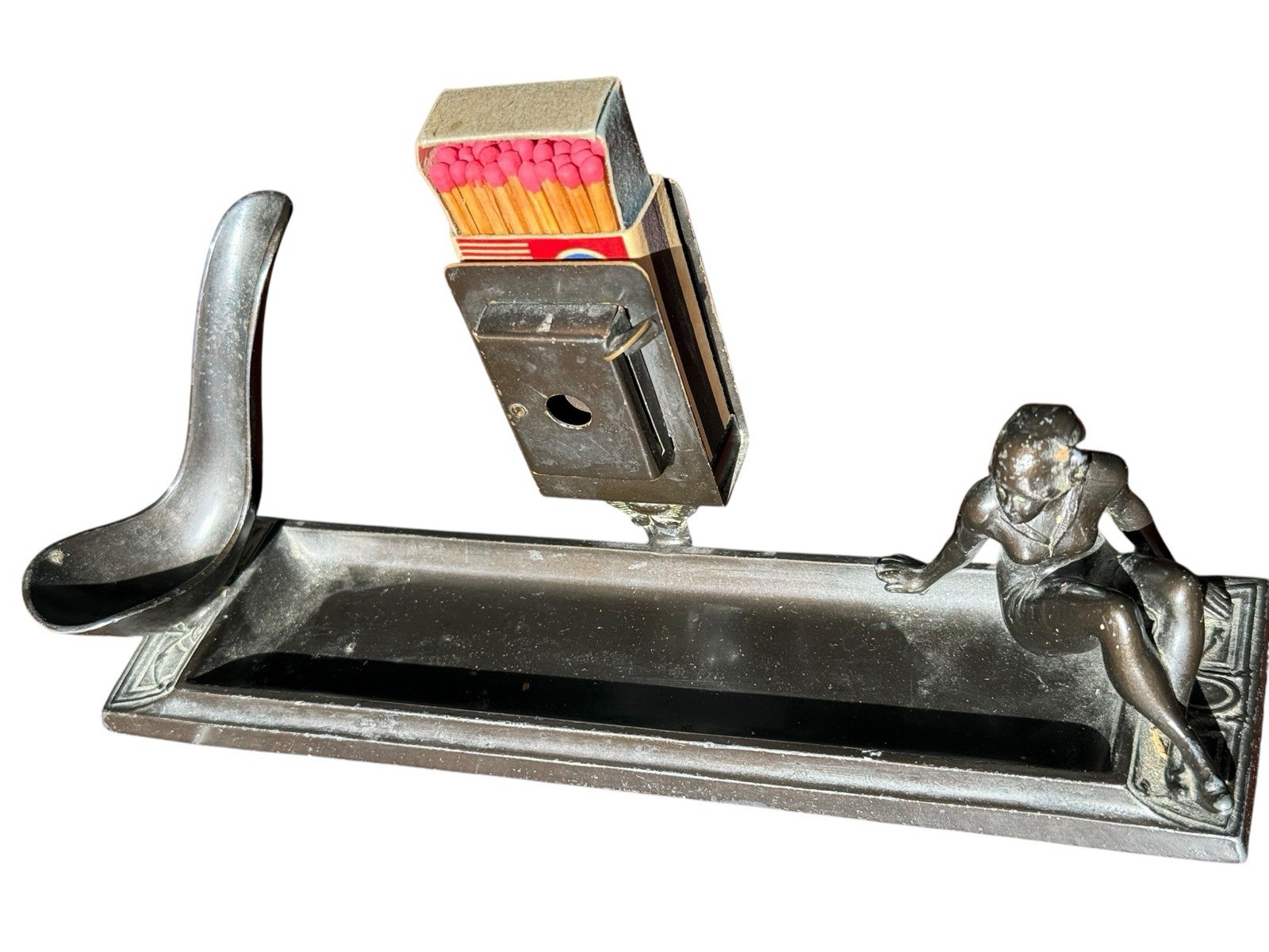 Art Deco L. V. Aronson Sitting Woman 1920’s Pipe Rest Cigar Cutter Match Holder