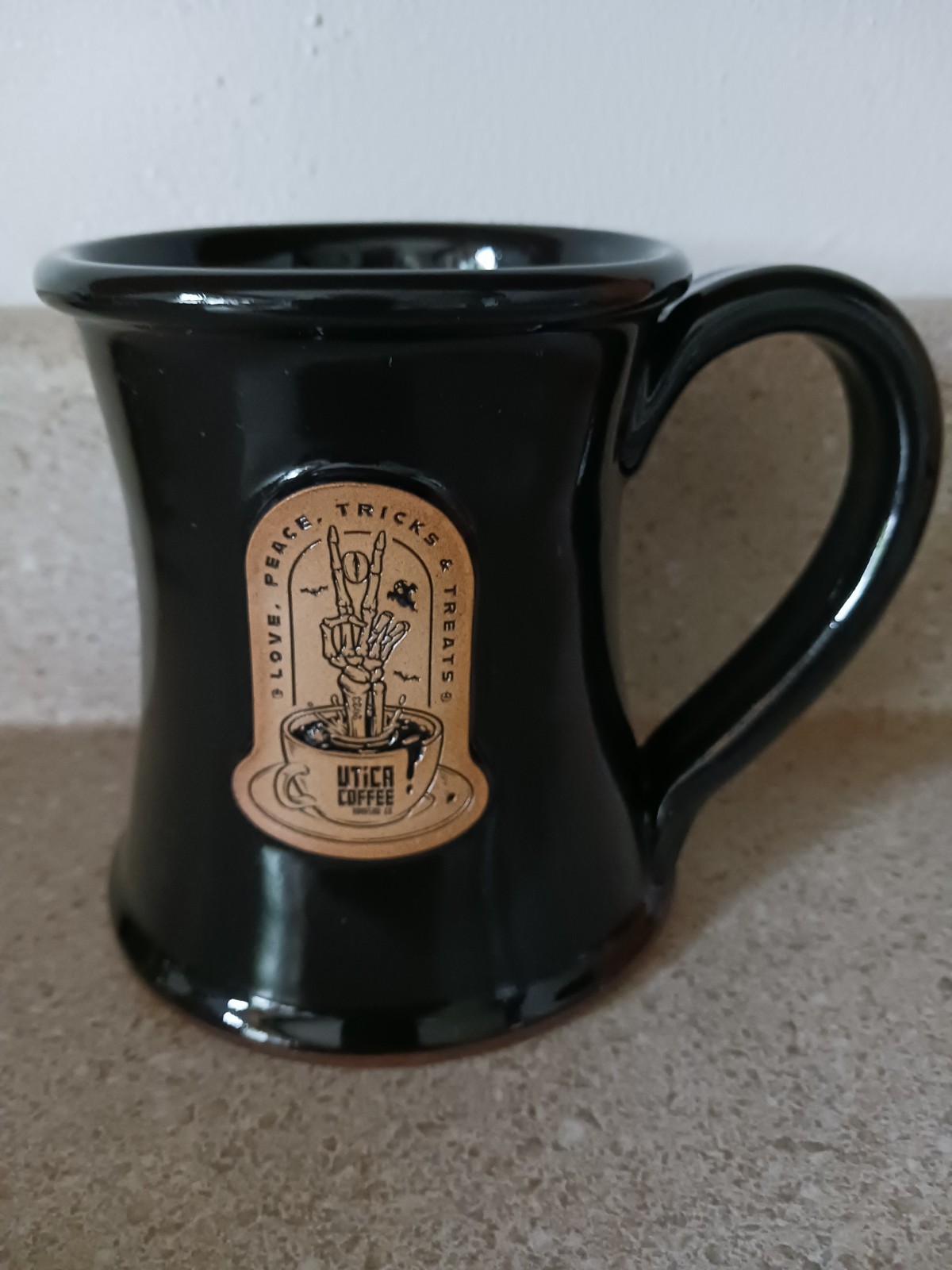 Sunset Hill Stoneware Coffee Mug Love Peace Tricks & Treats Utica Coffee Black