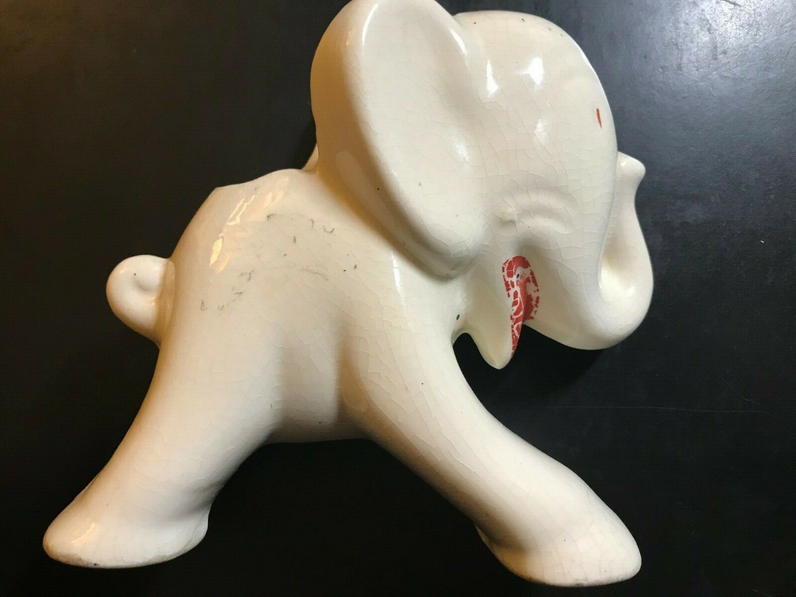 Elephant Planter Vintage Ceramic White/Red MCM Pottery w/ Raised Trunk