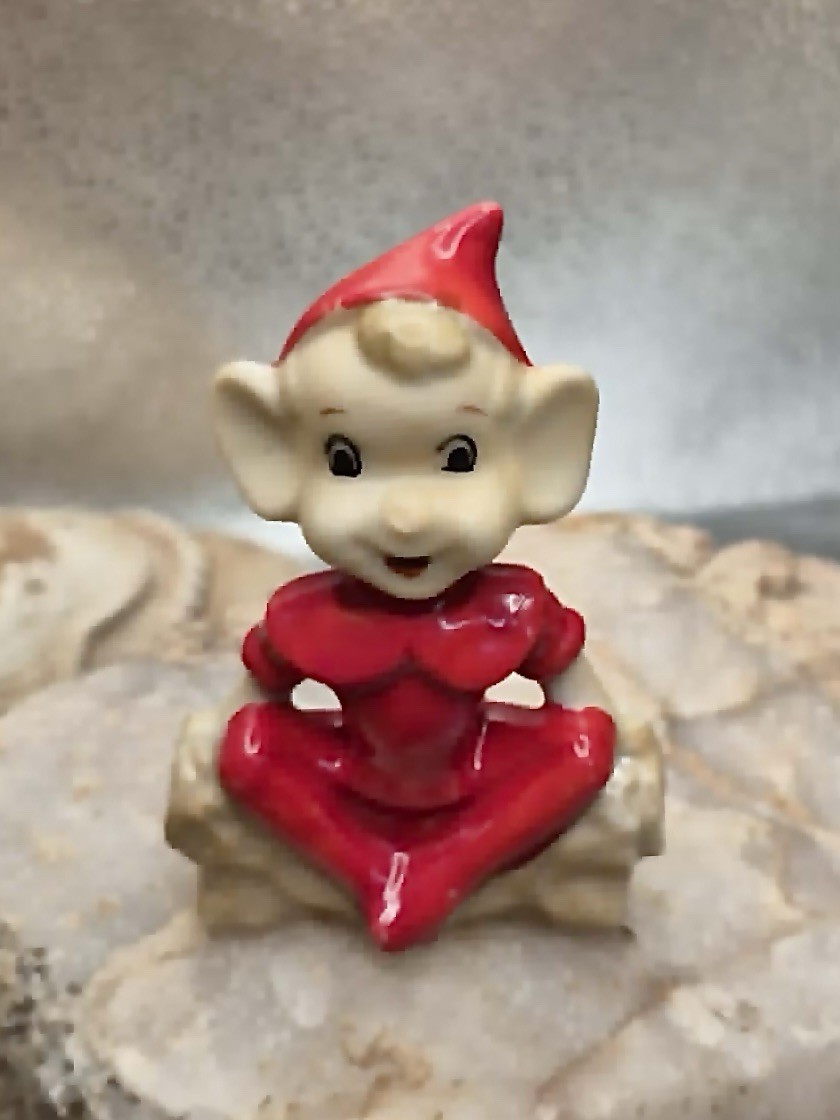 RARE Vintage MCM Pixie Miniature - Small Elf Red Suit Sitting on Log JAPAN