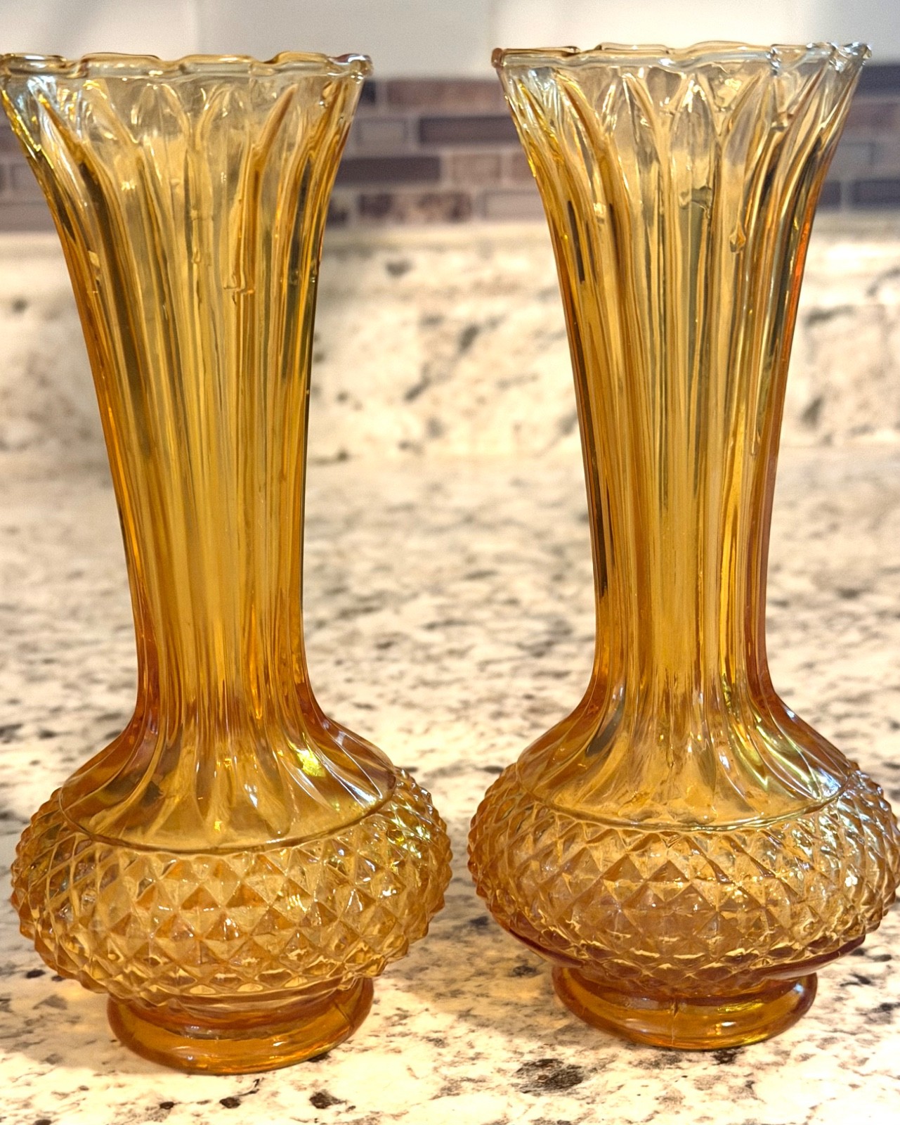2 Vintage Yellow Amber Glass Bud Vases Diamond Pattern 6\