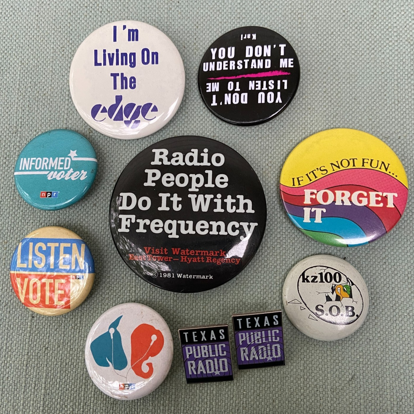 Vintage San Antonio Radio Pinback Button KZ100 SOB Radio People Frequency NPR TX