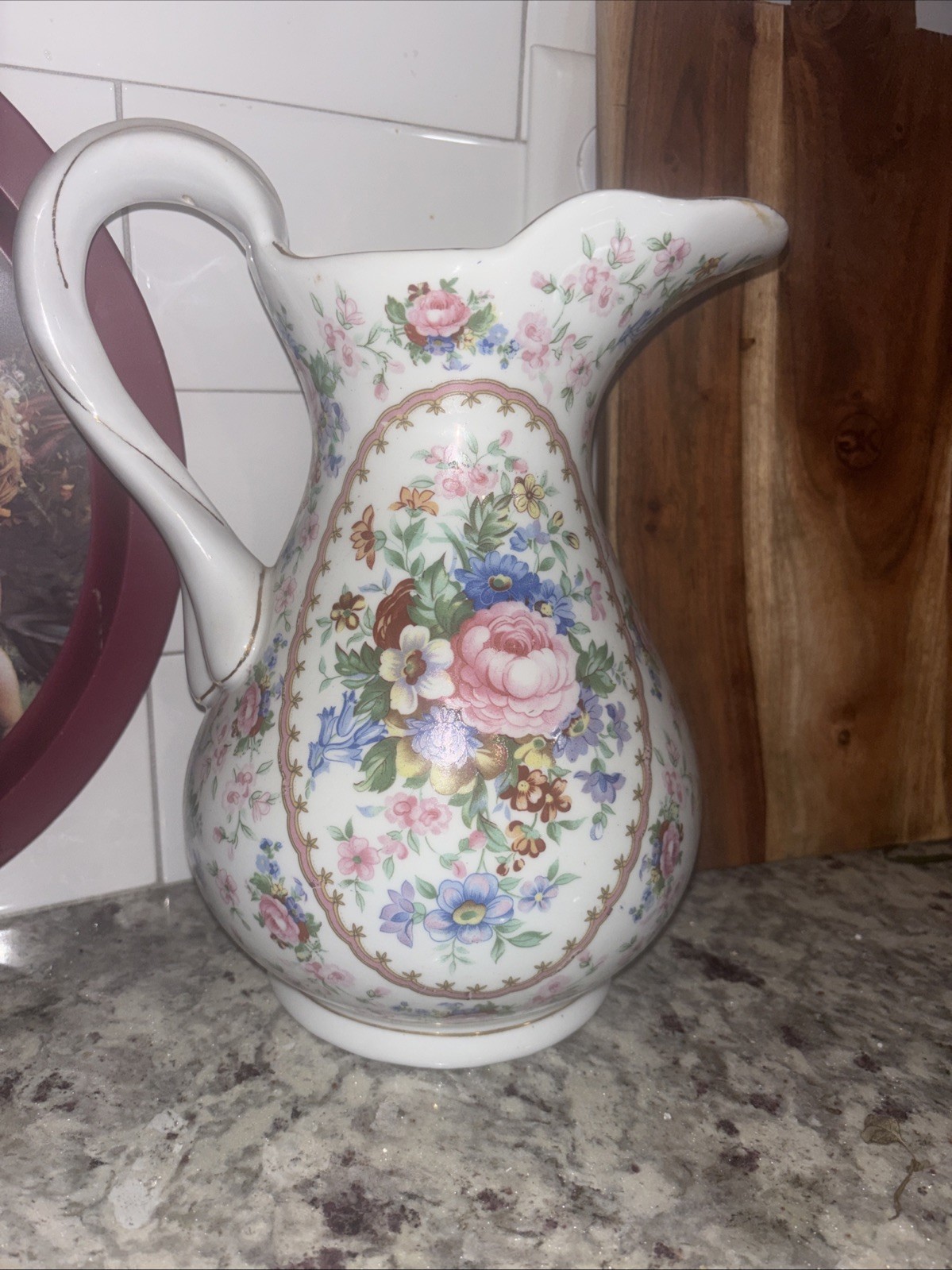 Antique Victorian Pitcher Beautiful Flower Pattern Gold Trim
