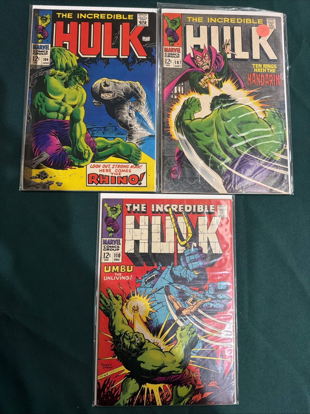 Lot of *3* Early (1968) INCREDIBLE HULK: #104 107 110 Rhino Mandarin Umbu