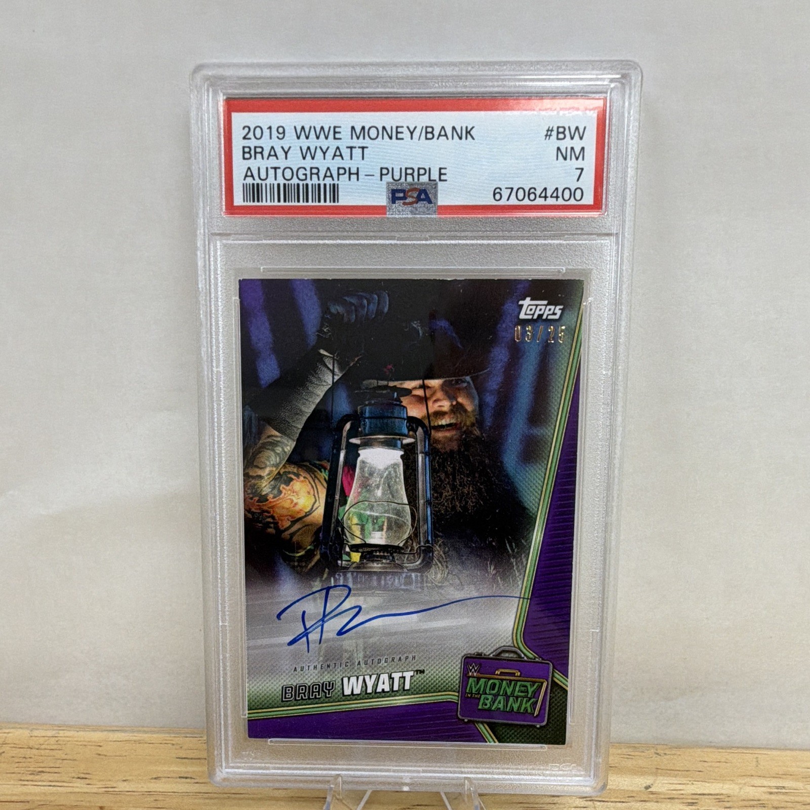 Topps 2019 WWE Money In The Bank Bray Wyatt Purple Auto #BW /25 PSA 7 Cert