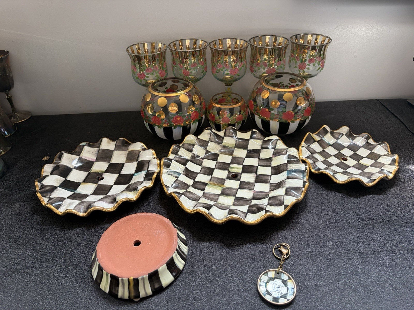 Vtg 13pc MacKenzie Childs Circus Rose Goblets Vases Courtly Check Tier Plates