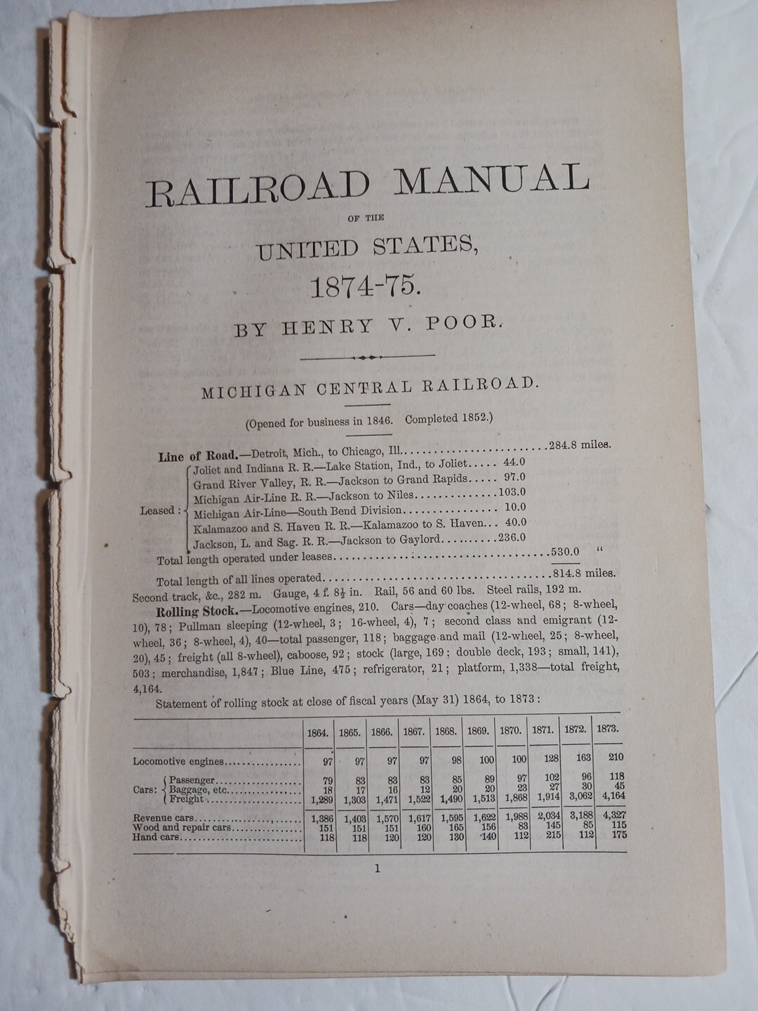 1875 Train Report MICHIGAN CENTRAL RAILROAD Detroit To Chicago Rolling Stock Inf