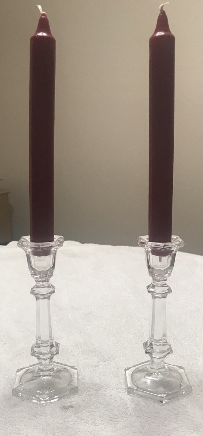 Vintage Hexagonal Crystal Candlestick Holders Clear Glass Set Of 2 Vintage Hexagonal Crystal Candlestick Holders Clear Glass Set Of 2