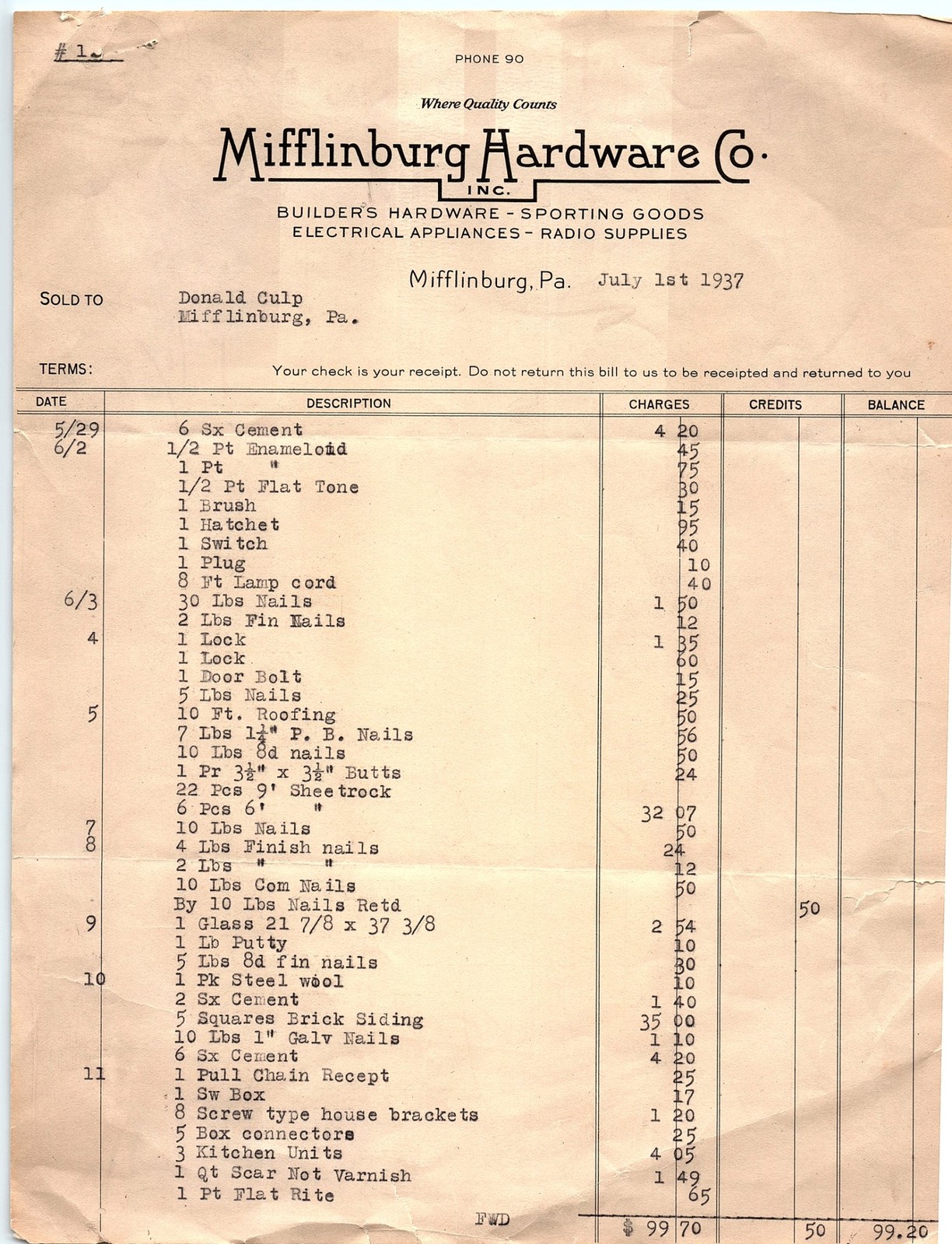 1937 Mifflinburg Hardware Co. billhead, Pennsylvania 1937 Mifflinburg Hardware Co. billhead, Pennsylvania