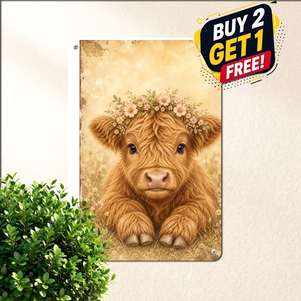 Adorable Highland Cow Tin Sign Retro Farmhouse Country Cattle Wall Art Decor