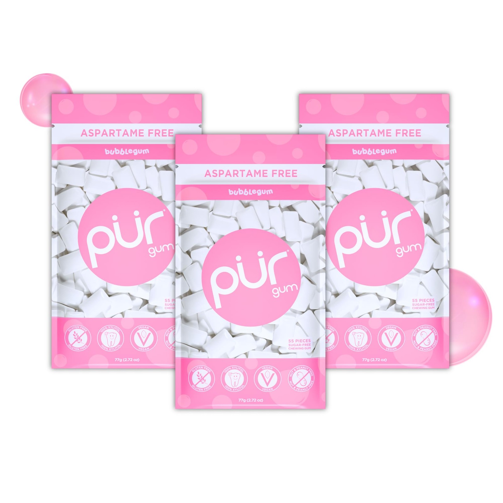 PUR Gum, Bubblegum, Xylitol No 55 Count (Pack of 3), Bubblegum