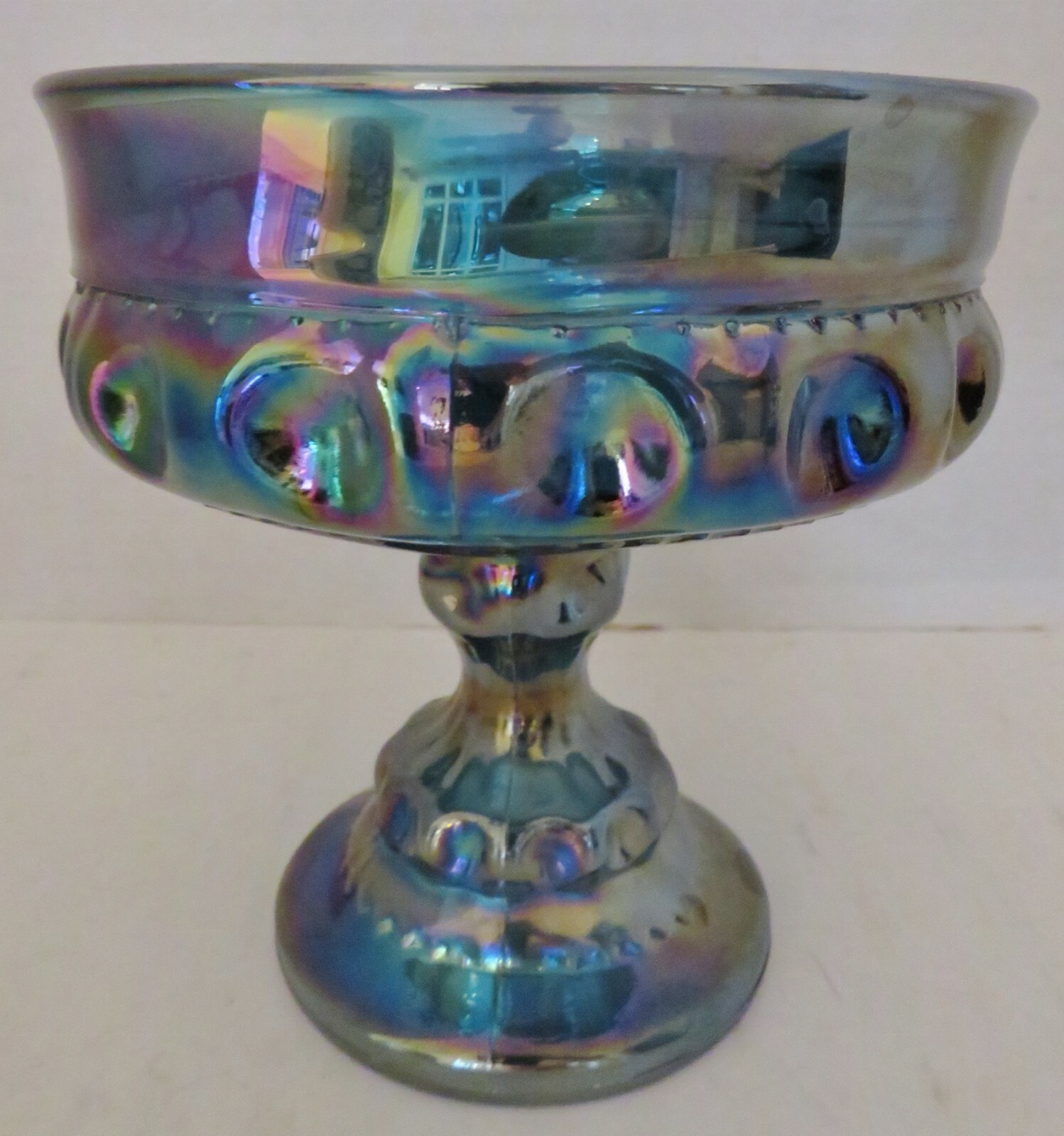 VTG Indiana Blue Carnival Glass Kings Crown Thumbprint Compote Candy Dish-5\