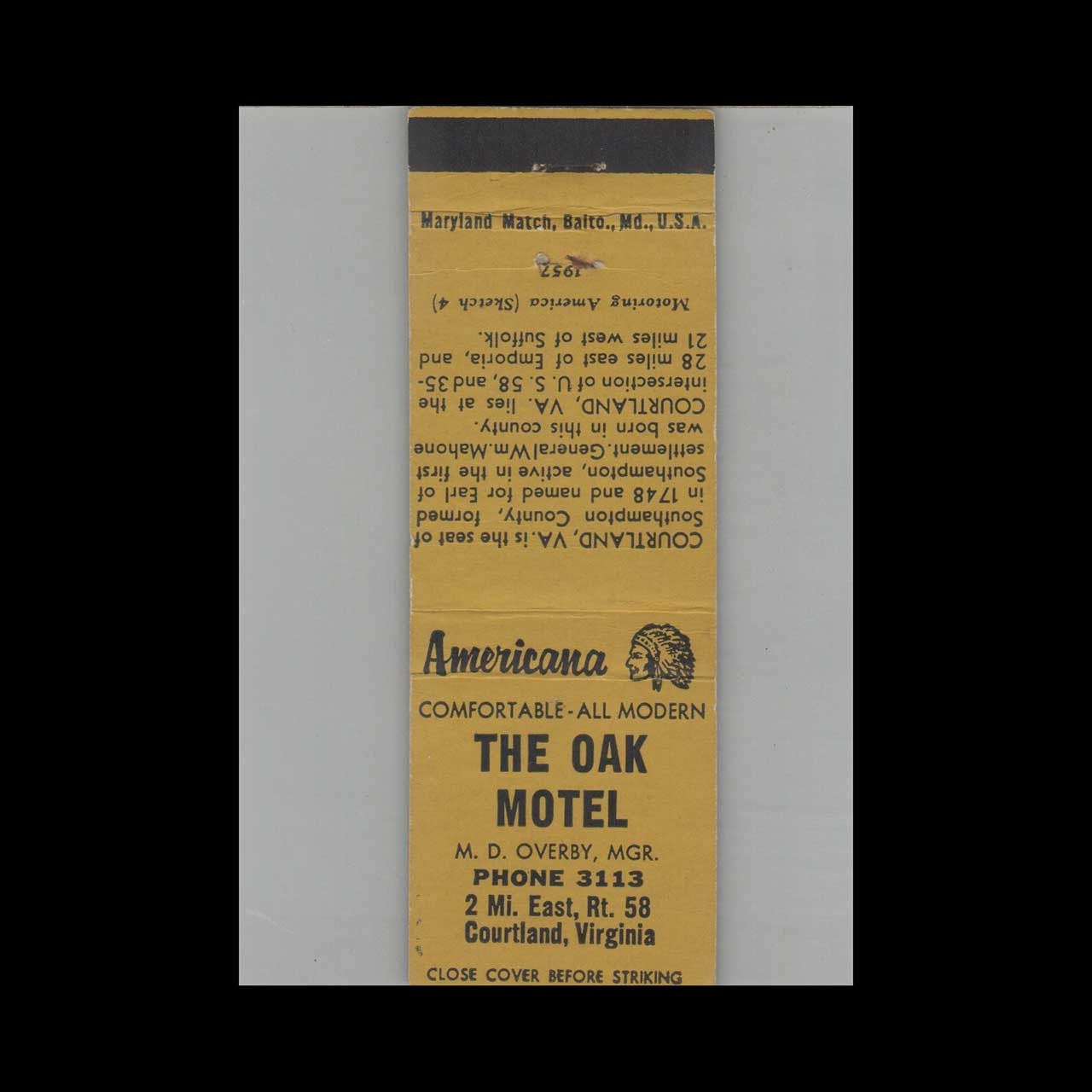 Matchbook Cover Perkins Americana The Oak Motel Courtland VA
