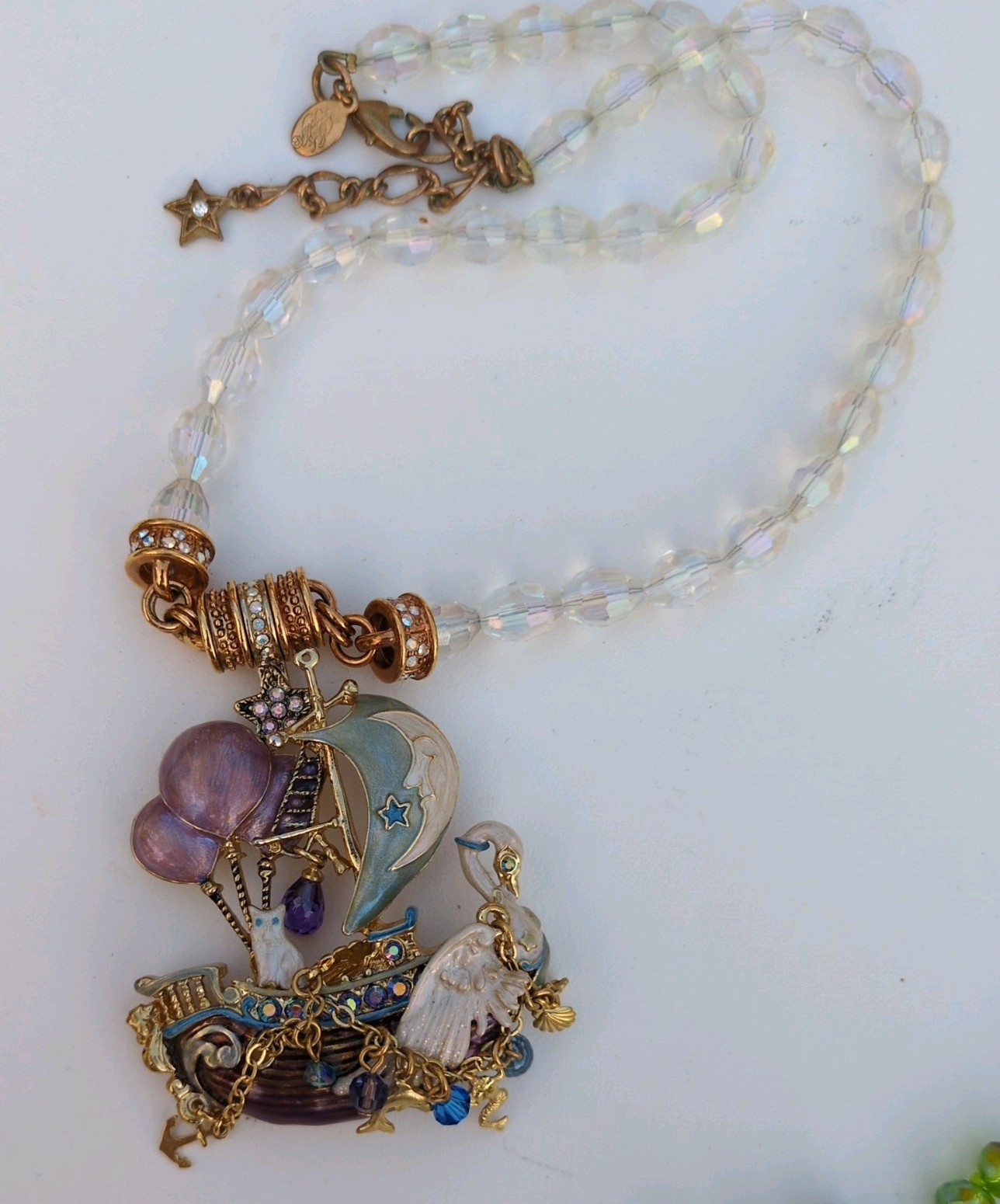 Cat Swan KIRKS FOLLY Ship of Dreams Charmer Ornament Gold Tone Enamel Crystals 
