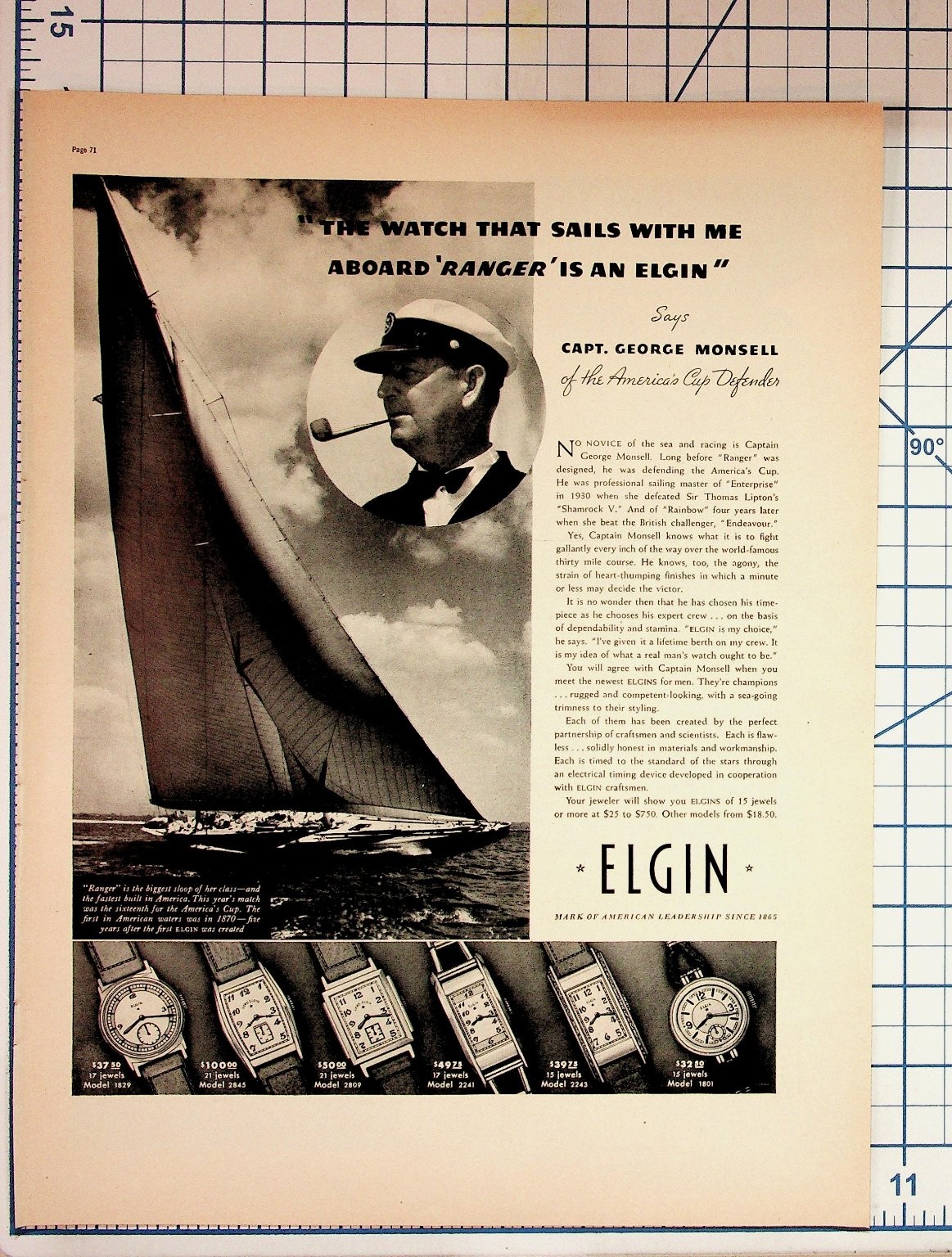 Elgin Watch Ad 1937 America\'s Cup Ranger Captain George Monsell Ephemera Elgin Watch Ad 1937 America\'s Cup Ranger Captain George Monsell Ephemera