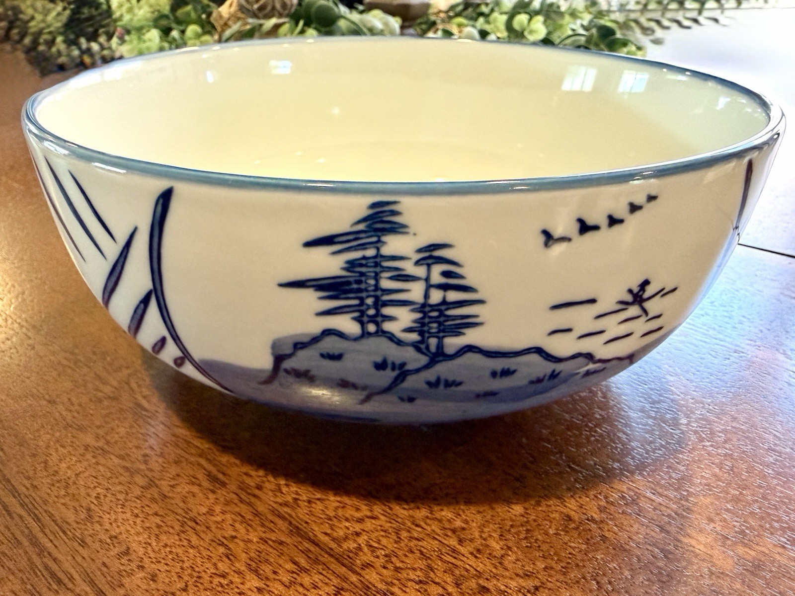 Vintage Blue & White Japanese Ceramic Bowl Signed Landscape Fishing Village 7.5\