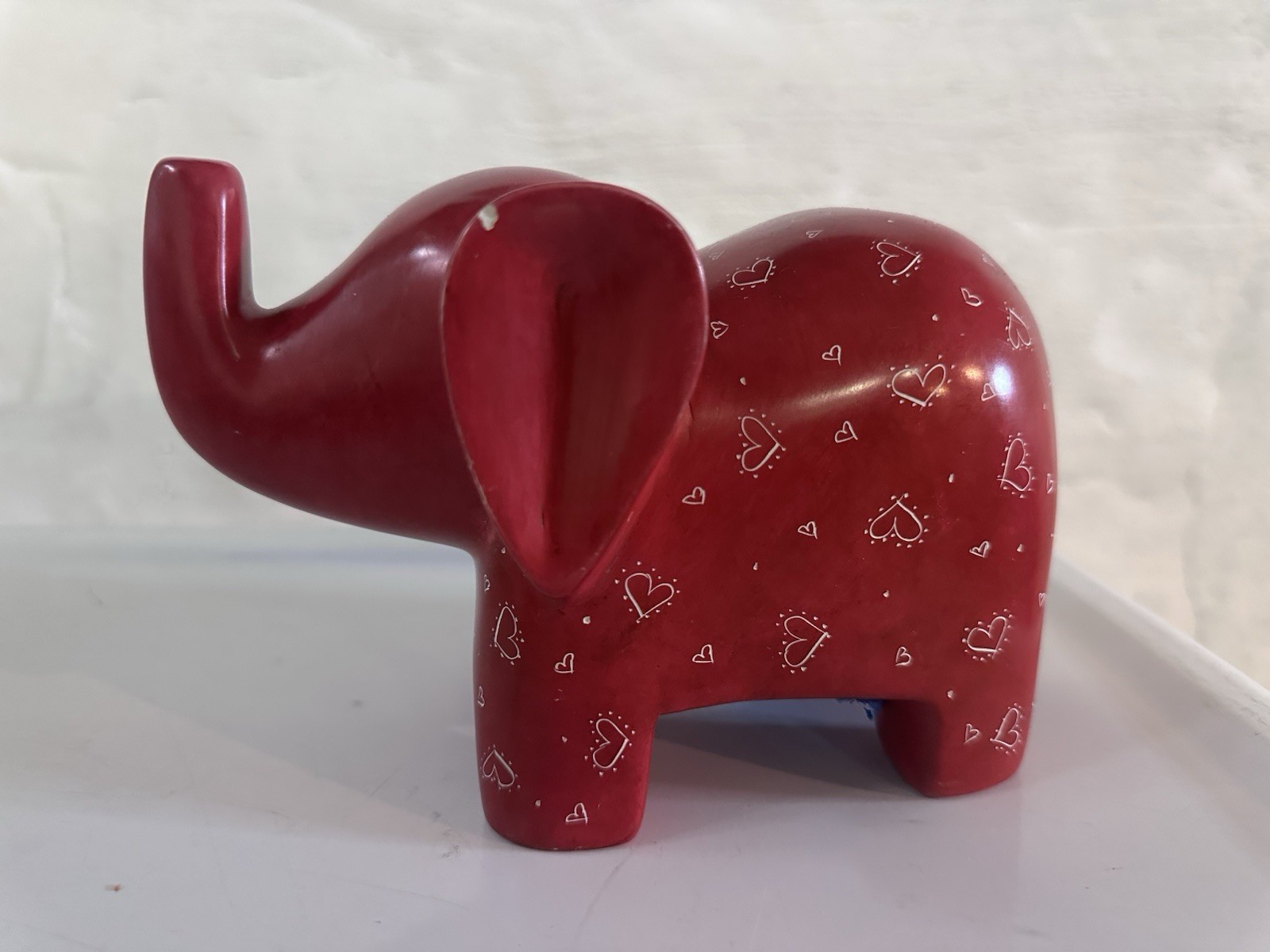 Soapstone Elephant Figurine, Hand Carved, Fair Trade, Red With White Heart Motif