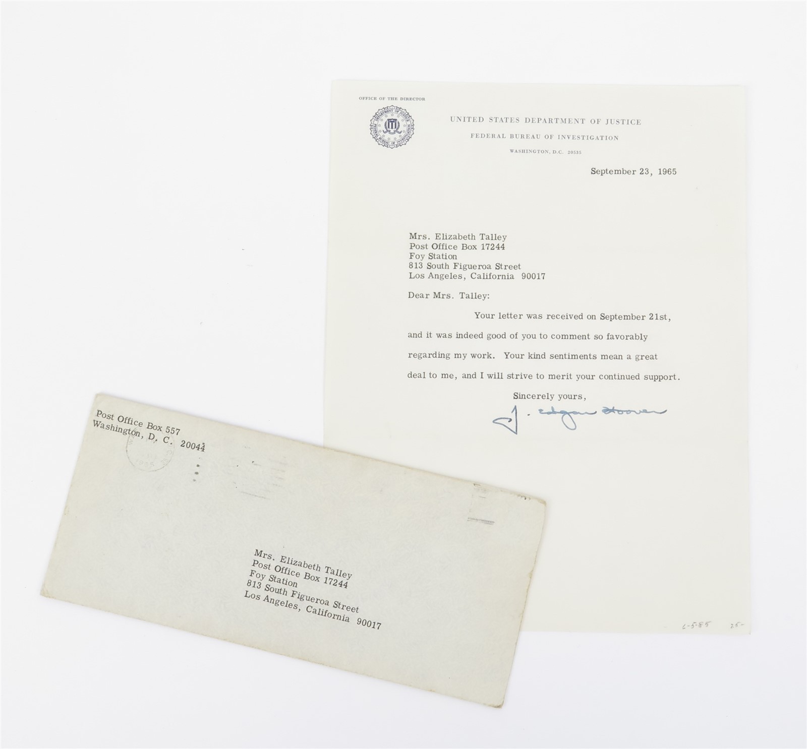 J. Edgar Hoover SIGNED Letter FBI Watermarked Paper Envelope September 23, 1965