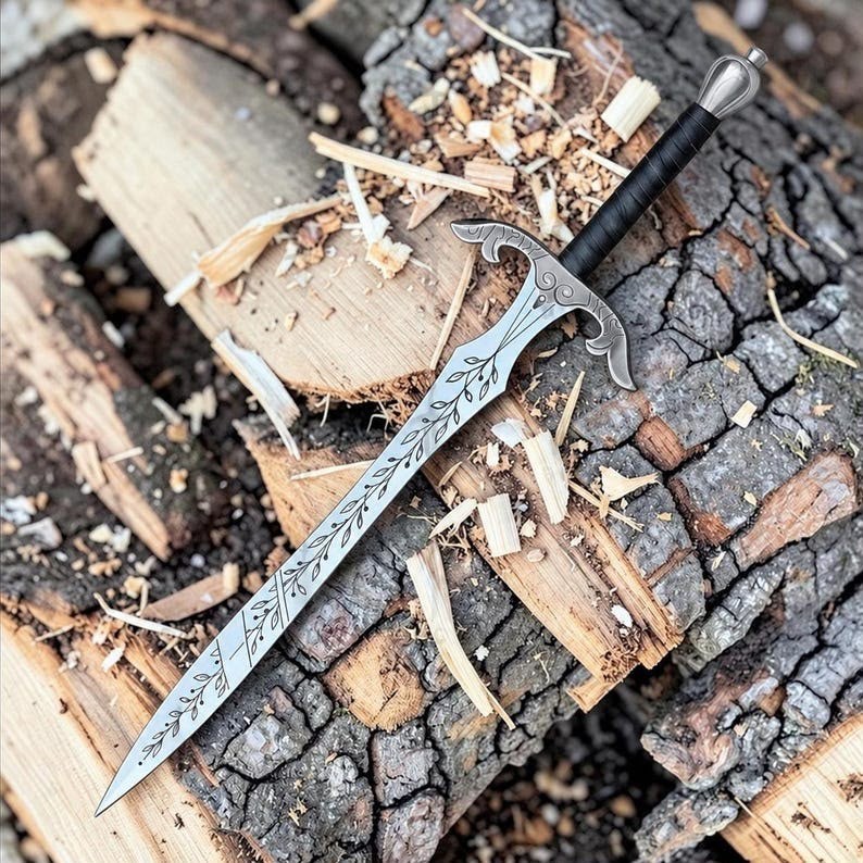Hand Forged Elven Fantasy Sword,Vine Engraved Blade,Silver Hilt & Leather Sheath