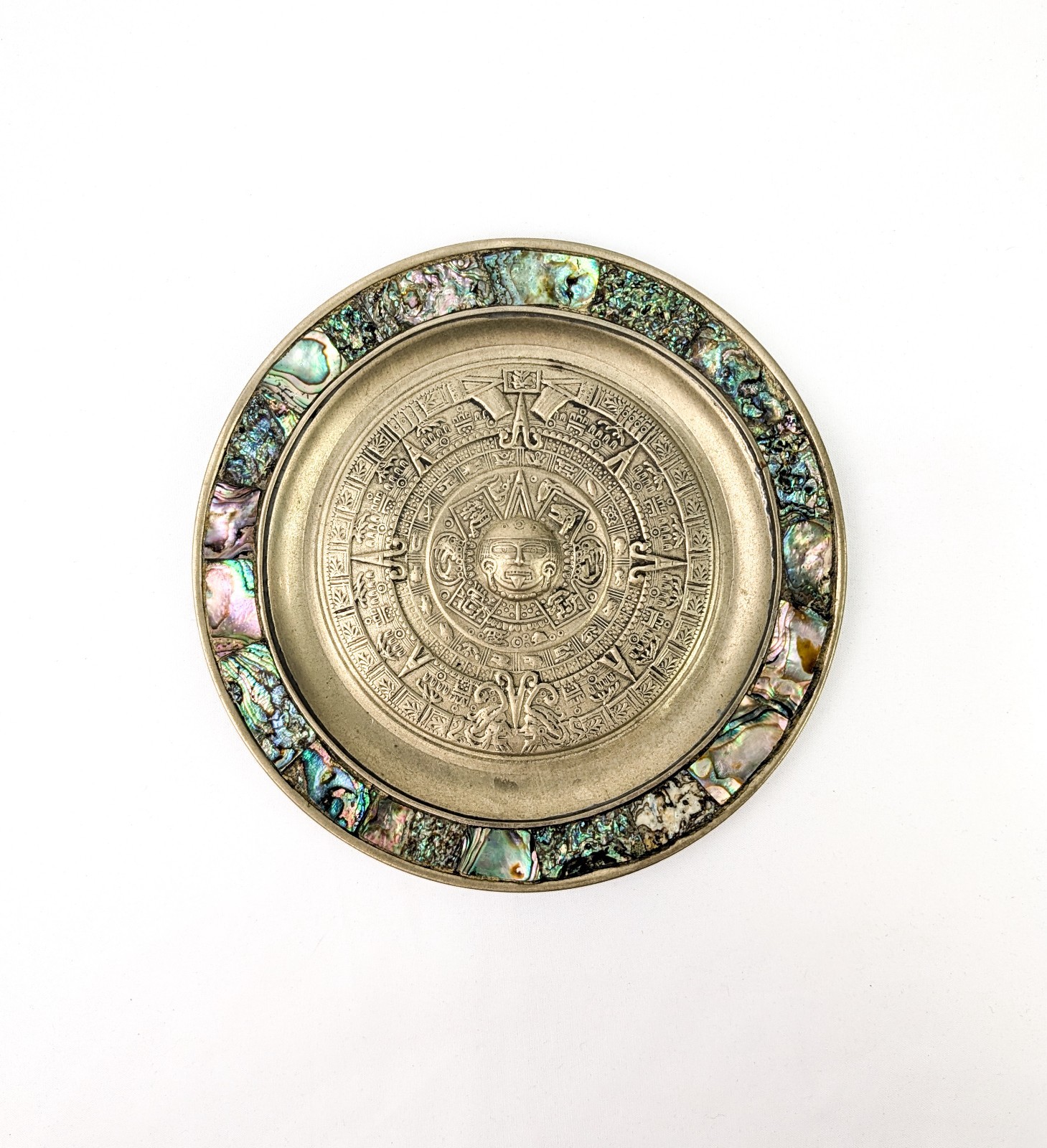 Vtg Mexican Alpaca Metal Silver & Abalone Shell Decorative Aztec Calendar Plate