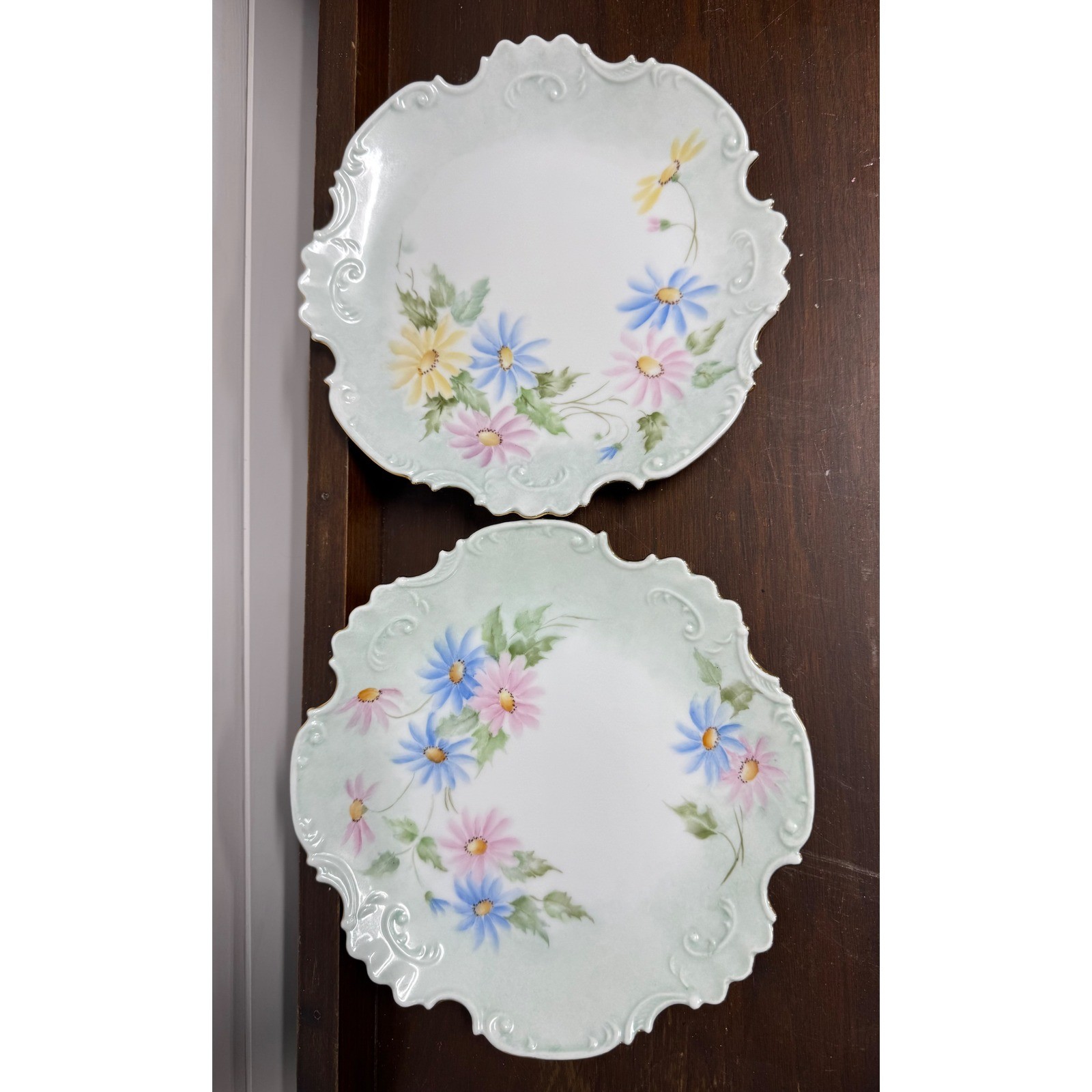 Vintage Hand Painted Porcelain Floral Cabinet Plates Scalloped Gold Trim set
