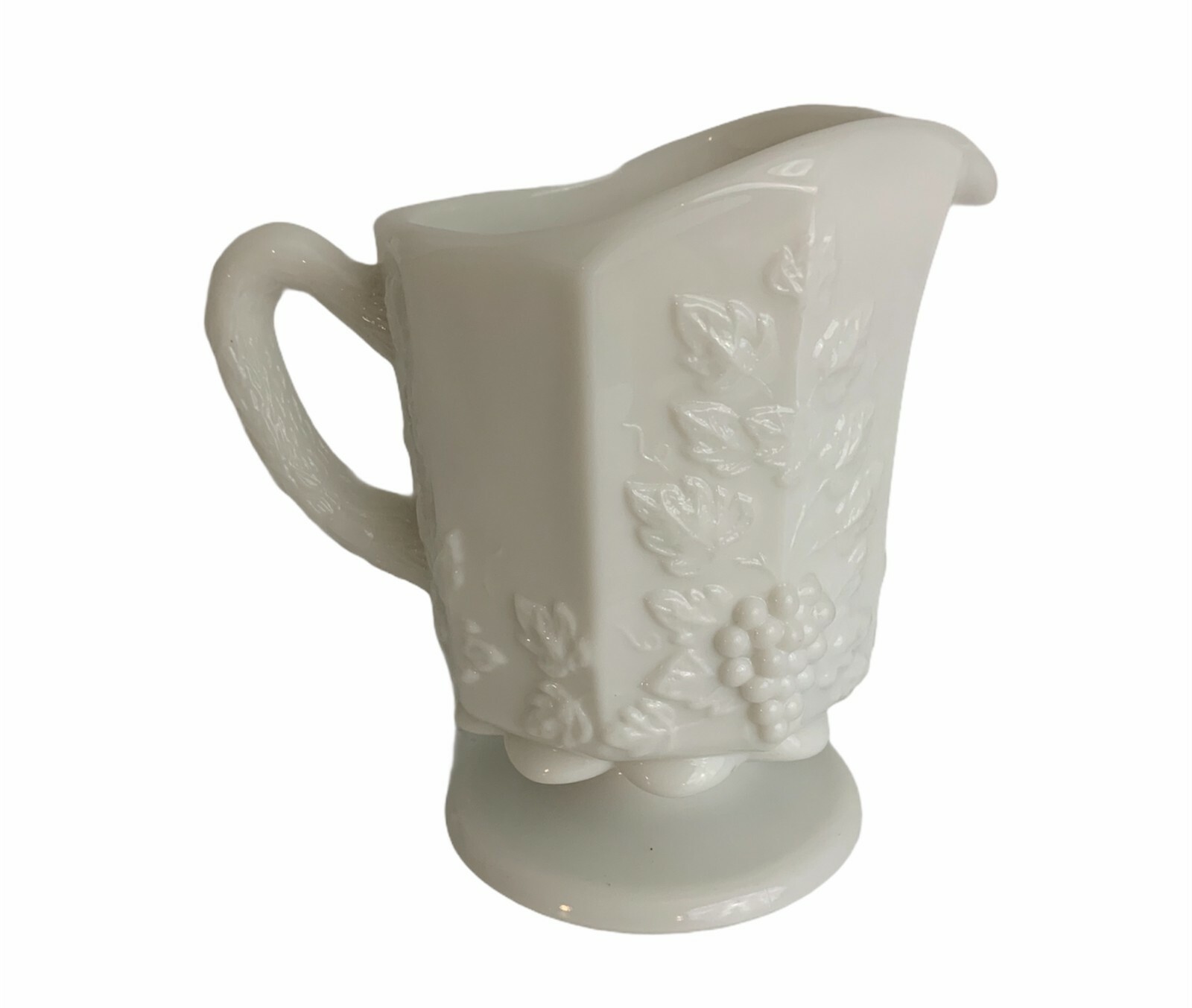 Westmoreland Footed Milk Glass Pitcher Paneled Grape & Vine Pattern Vintage 5”