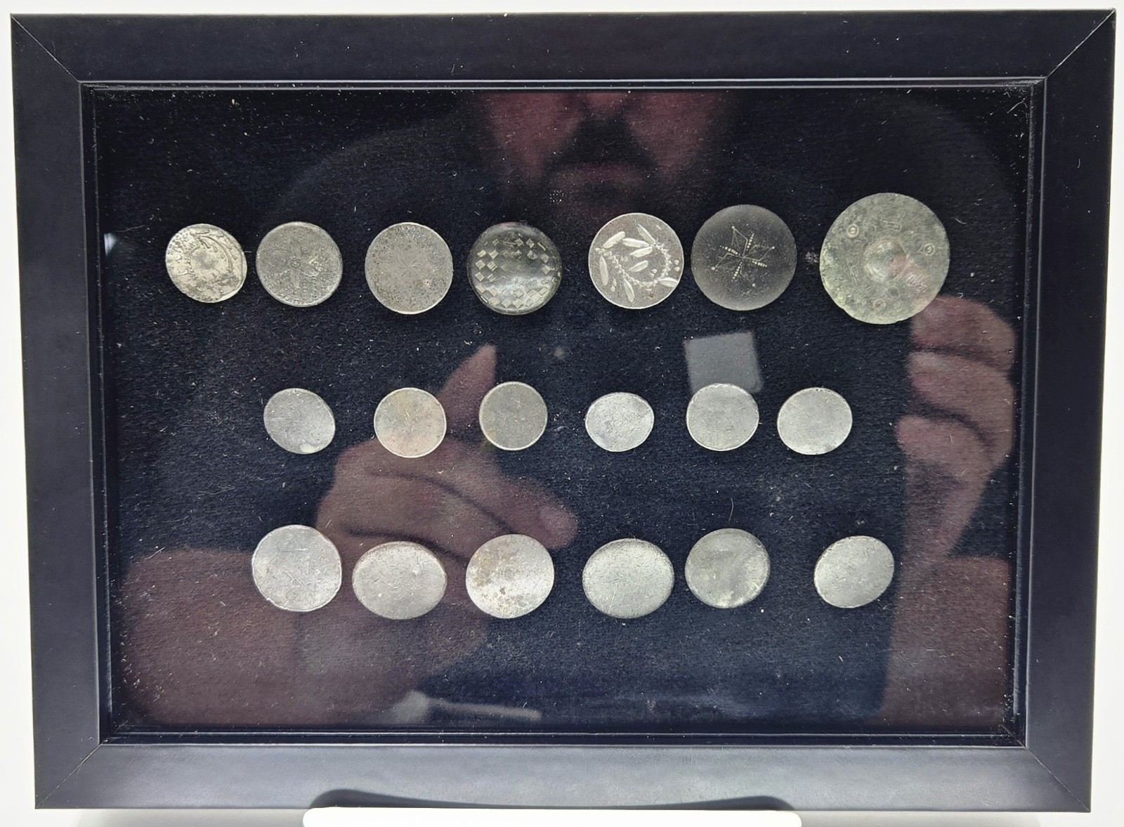 18th Century Colonial Button Shadowbox 19pc Total 7 with Hand Designs 12 Plain