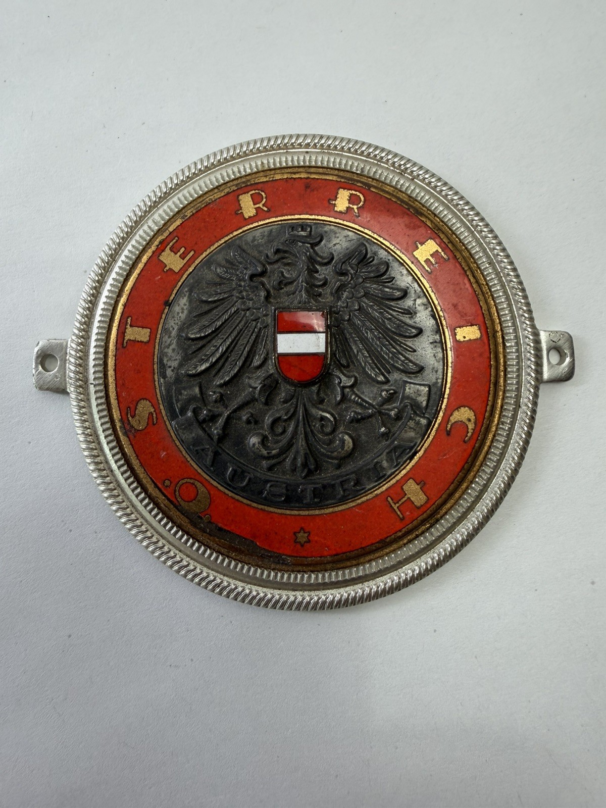 Vintage Enamel Radiator Grill Badge Austrian Osterreich Rare 3 1/2\ Vintage Enamel Radiator Grill Badge Austrian Osterreich Rare 3 1/2\