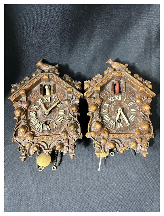 Pair 2 Vintage Lux Cuckoo Wall Clocks Waterbury Conn Metal Back Carved Wood Fron