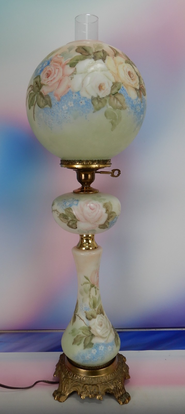Antique 3 Tier GWTW Electric Signed Hand-Painted Table Lamp with Shade 31\