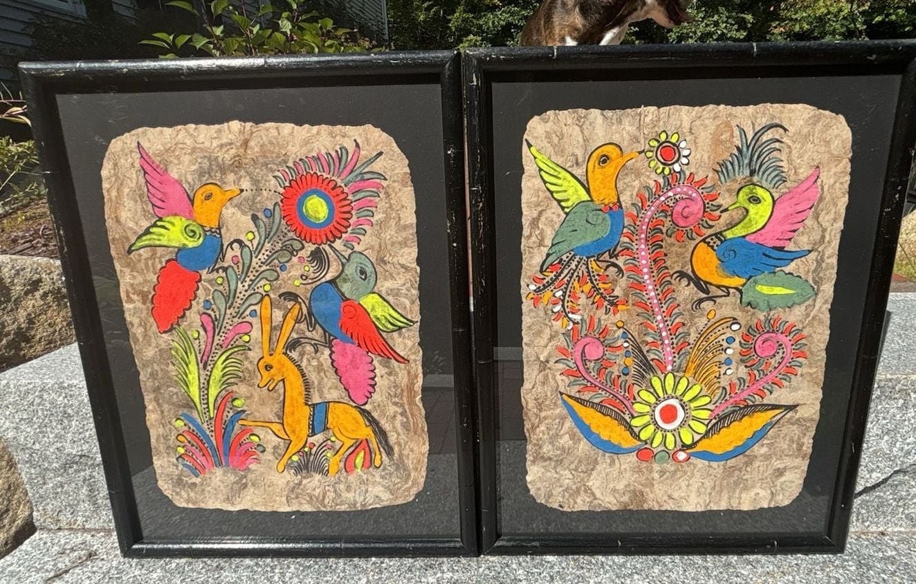 Vintage Mexican Folk Art Amate Bark Painting Framed Set Vintage Mexican Folk Art Amate Bark Painting Framed Set