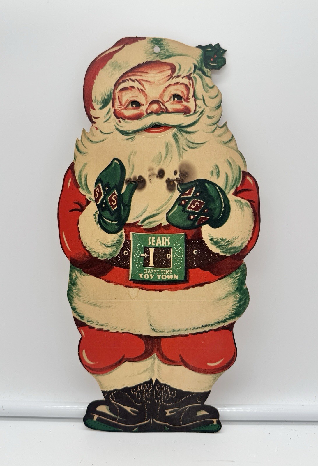 Sears 1948 Christmas Mechanical Winking Santa Claus Happi-Time Toy Town Die Cut