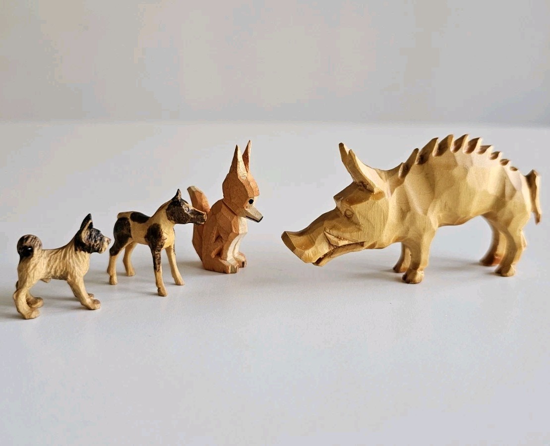 Rare Ivan Denton Signed Wood Carvings Lot - Boar & Horse + Artisan Fox & Terrier Rare Ivan Denton Signed Wood Carvings Lot - Boar & Horse + Artisan Fox & Terrier