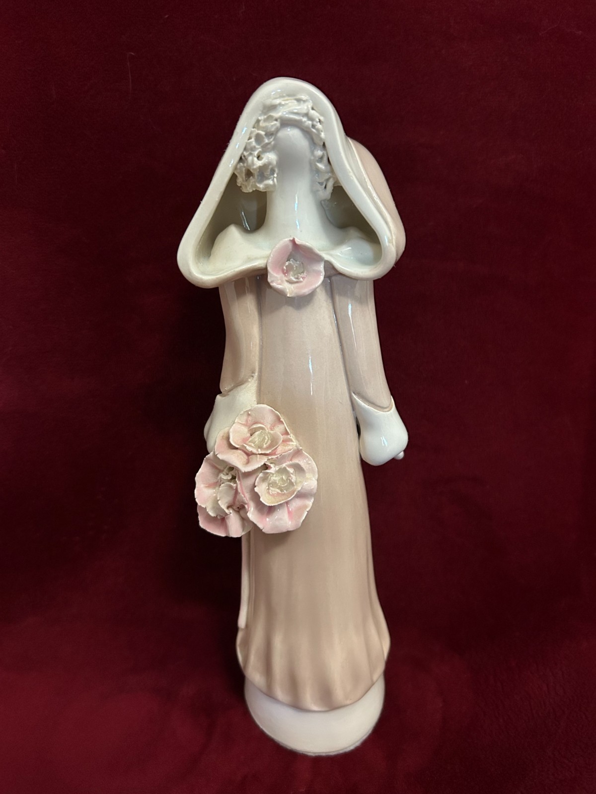 Vintage Paule Lefebure Quebec Figurine Faceless Woman in Hood Flowers 9\'\' Tall