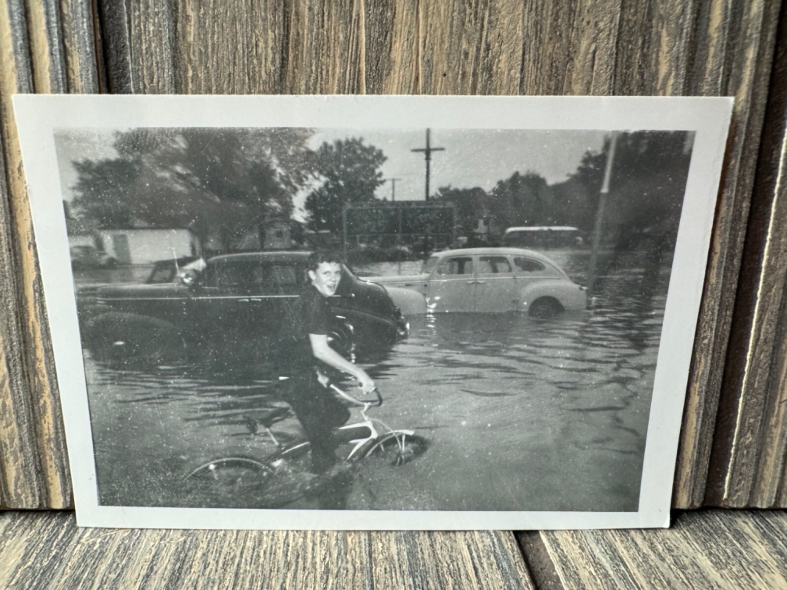 Vintage Black & White Postcard With Cyclist In Flooded Street - Palm Beach Flori