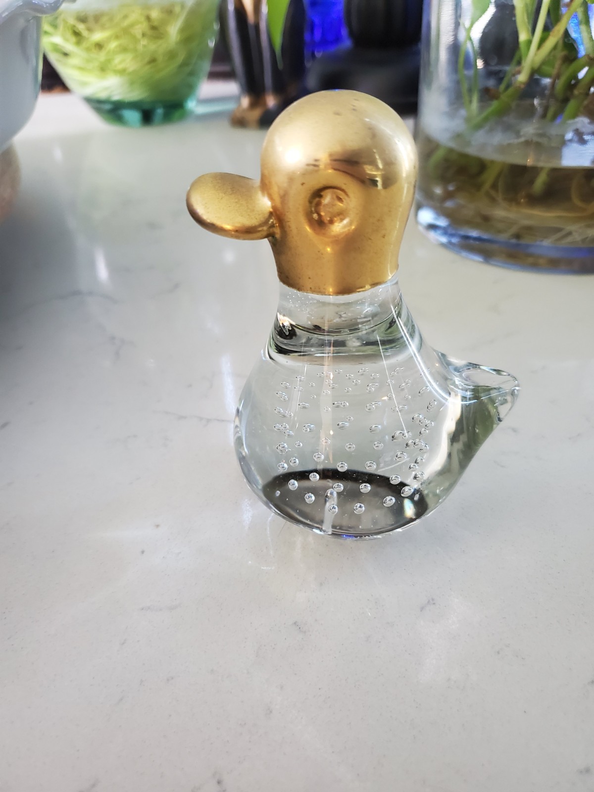 Vtg MCM Brass Head Clear Glass Duck Figurine Controlled Bubble Paperweight Blown