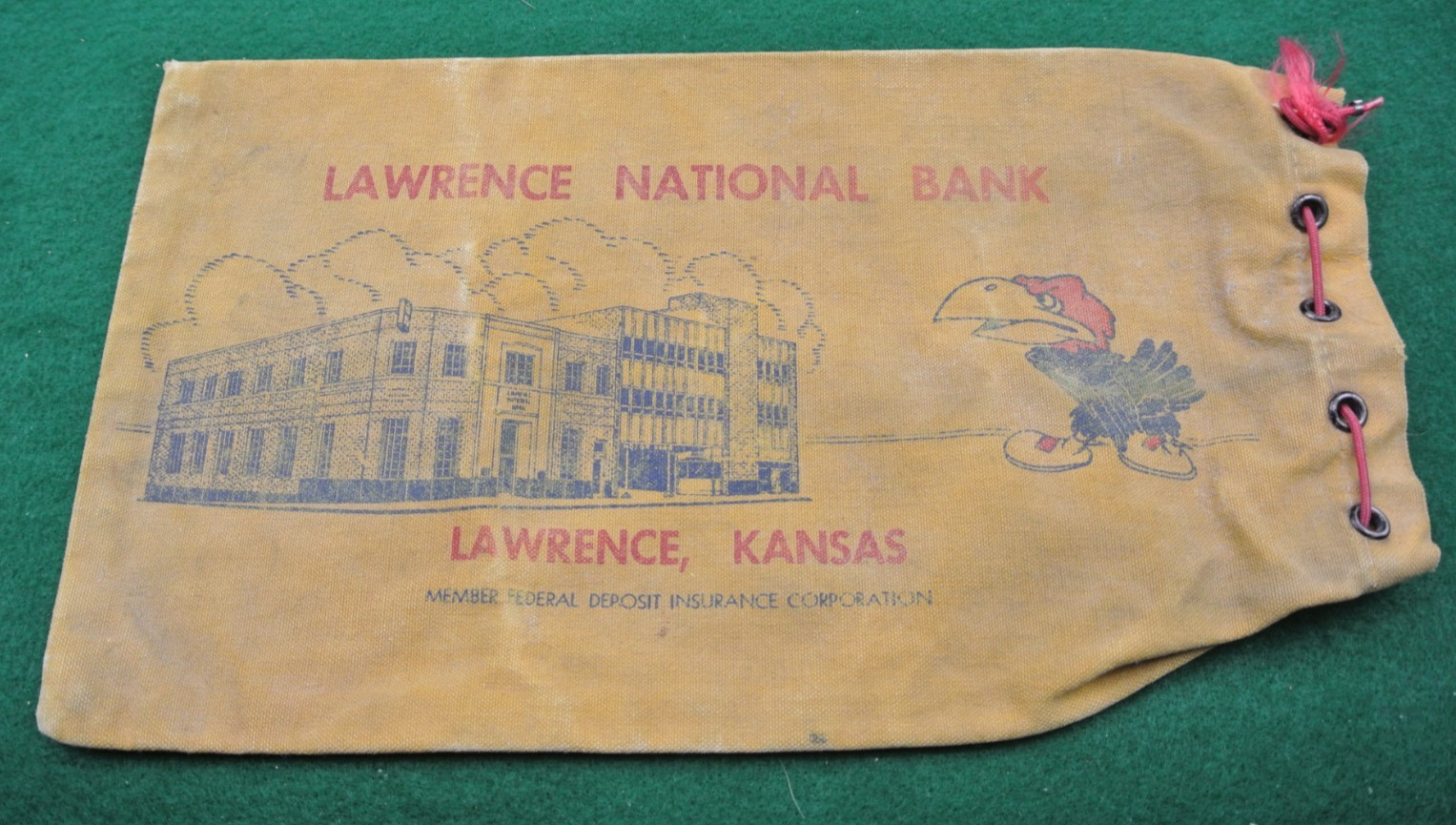 Vintage Lawrence National Bank Deposit Bag with angry Jayhawk Rare