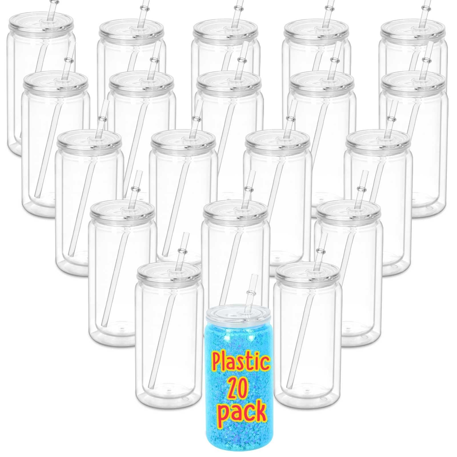 16 Oz Acrylic Snowglobe Tumbler, 20 Pack Pre-Drilled Double Wall Plastic Clea...