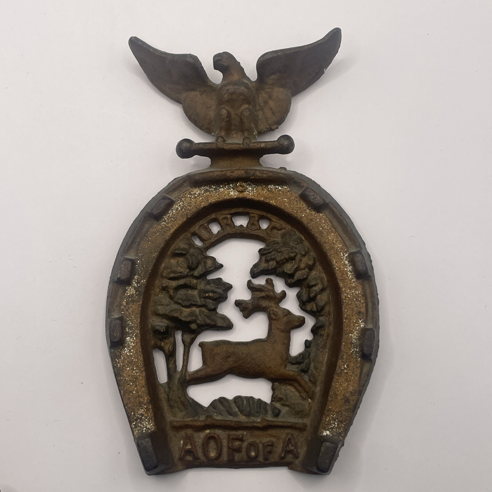 Antique Cast Iron Horseshoe Running Deer With Eagle Fraternal Order A O F of A Antique Cast Iron Horseshoe Running Deer With Eagle Fraternal Order A O F of A