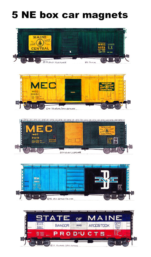 New England Box Cars 5 magnets (Maine Central, Boston & Maine BAR) Andy Fletcher New England Box Cars 5 magnets (Maine Central, Boston & Maine BAR) Andy Fletcher