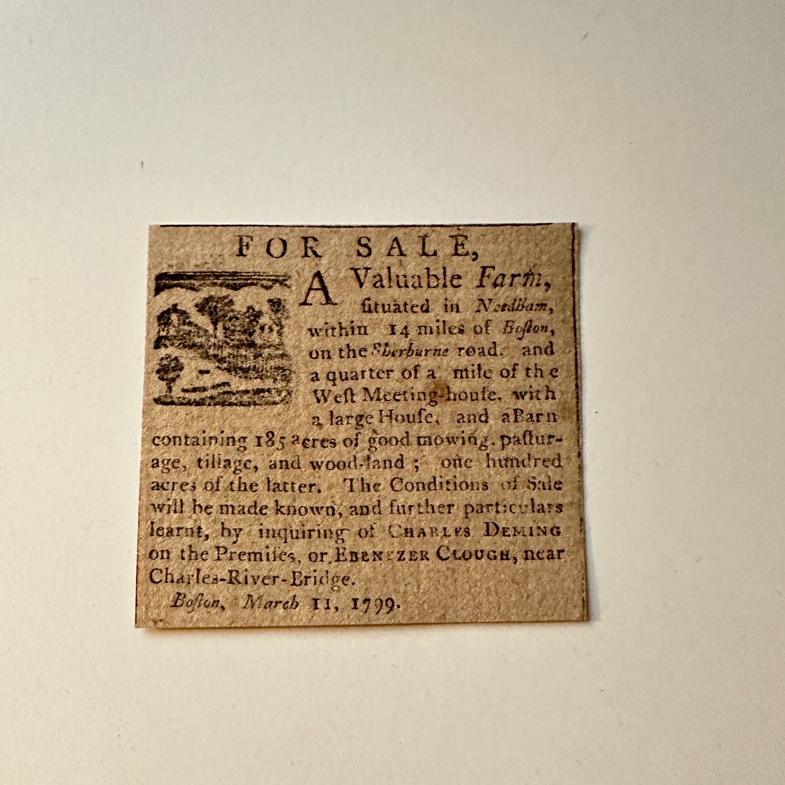 A Farm House & Barn March 1799 Charles Deming Needham MA 1799 Clipping 5AK9-S8