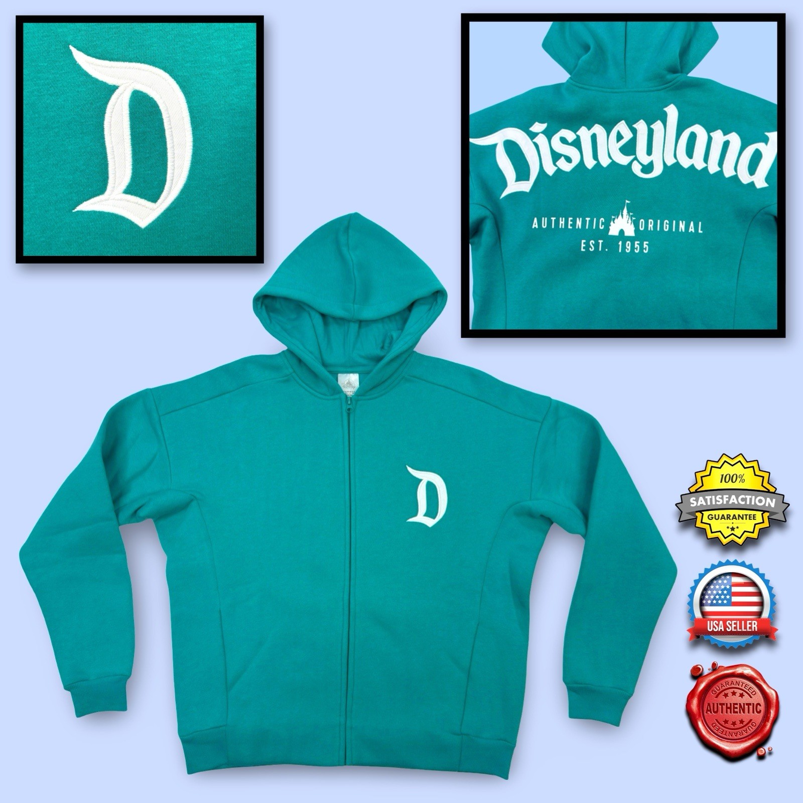 Disney Parks Disneyland Embroidered Full Zip Teal Hoodie Hooded Jacket ADULT XS