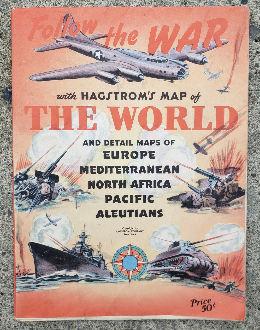 1943 FOLLOW THE WAR WWII HAGSTROM\'S MAP OF THE WORLD FOLDOUT