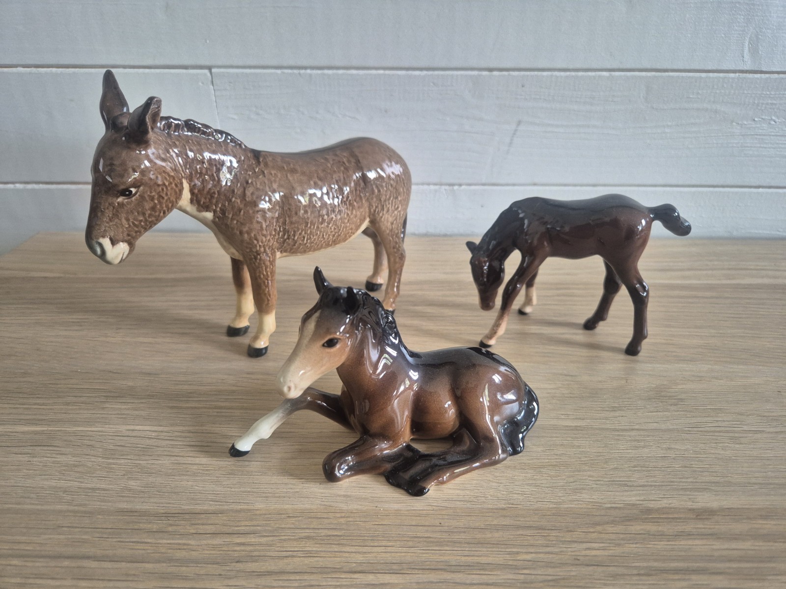 3 Vintage Beswick Figures Donkey 1364B & Foals 947 915 Brown Gloss